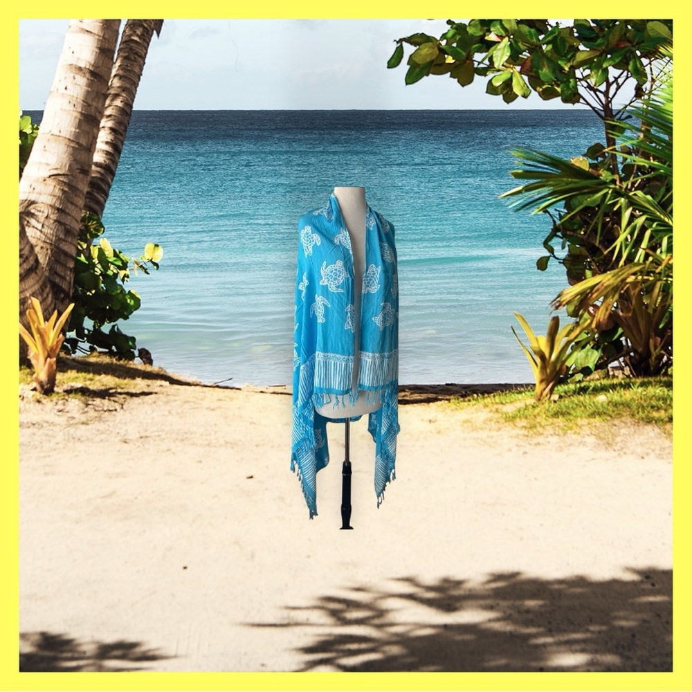Blue Rayon Beach Sarong Cover-Up with White Turtle Print Fringe Detail Versatile